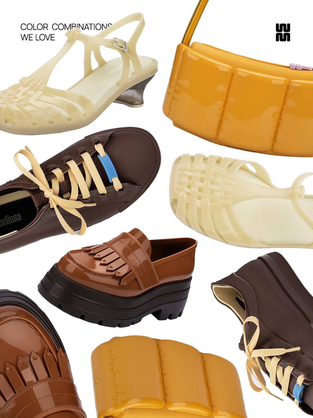 Colección de calzado y bolsos Melissa en tonos crema, café y amarillo